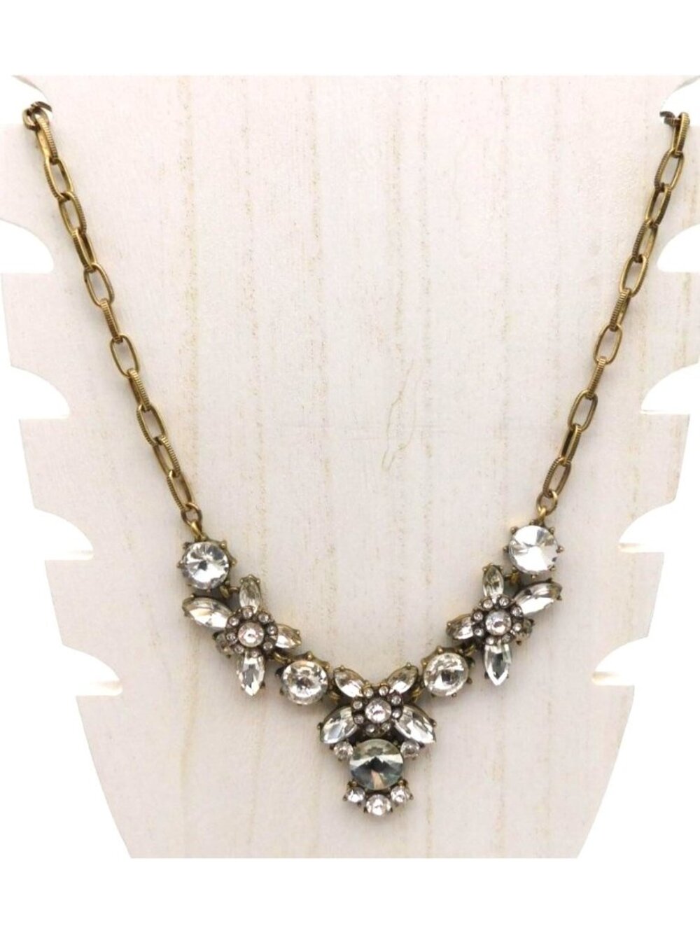 J.Crew White Rhinestone Floral Cluster Statement Necklace 19" Gold Tone Glam